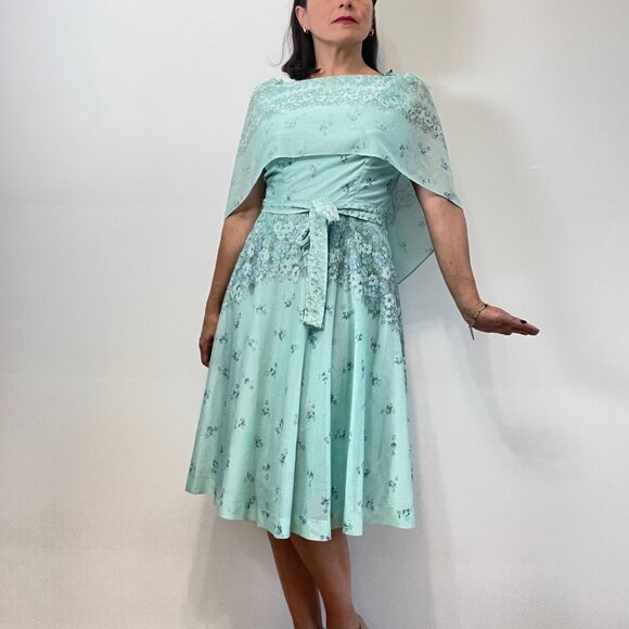 Francis Gale Dresses & Skirts - Vintage FRANCIS GALE 70s Aquamarine Floral Print Cape Dress - Size S/M
